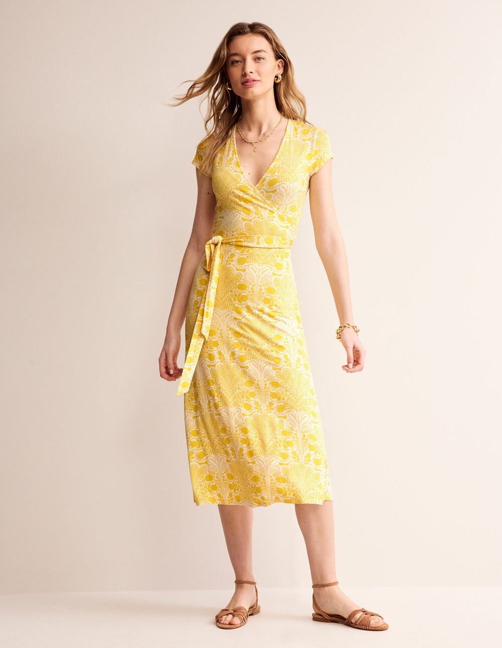 Boden Joanna cap sleeve wrap dress passion fruit gardenia swirl 8 yellow white